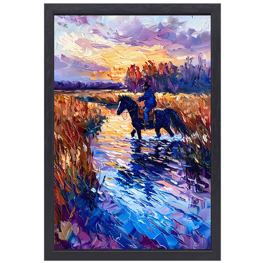 Ruiter op paard bij zonsondergang schilderij canvas met baklijst