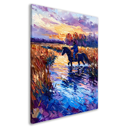 Ruiter op paard bij zonsondergang schilderij canvas