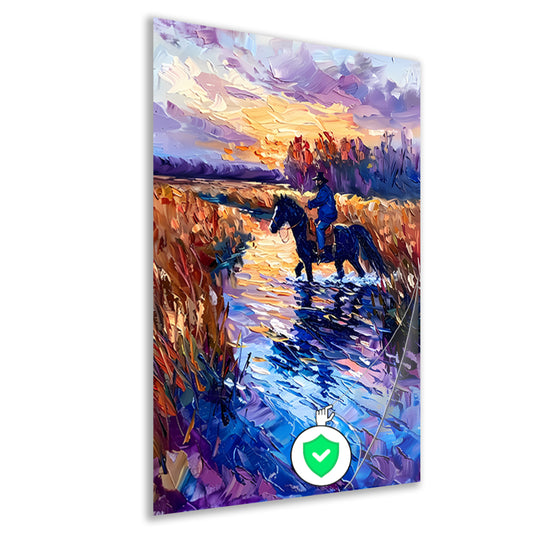 Ruiter op paard bij zonsondergang schilderij poster