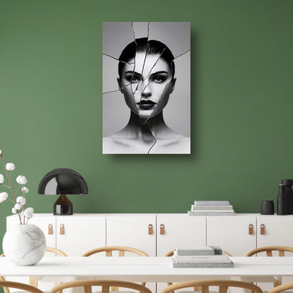 Gebroken gezicht in zwart-witcontrast canvas met baklijst