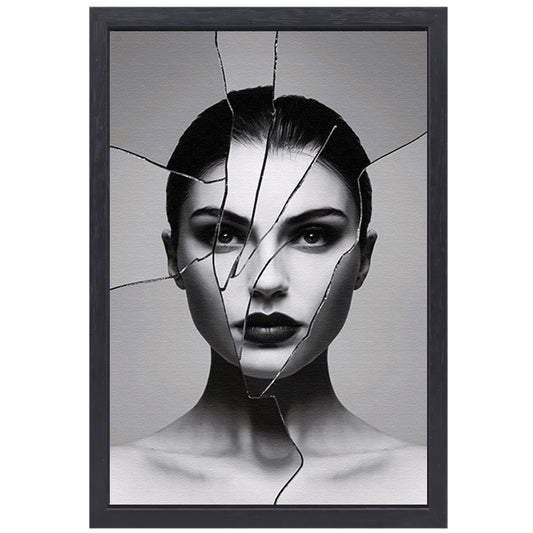 Gebroken gezicht in zwart-witcontrast canvas met baklijst