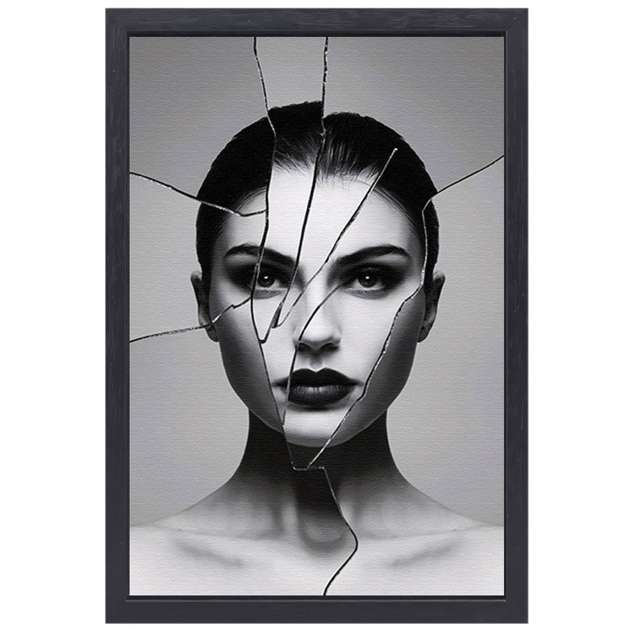 Gebroken gezicht in zwart-witcontrast canvas met baklijst