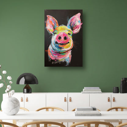 Kleurrijk portret van een vrolijk varken canvas met baklijst