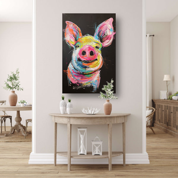 Kleurrijk portret van een vrolijk varken canvas met baklijst