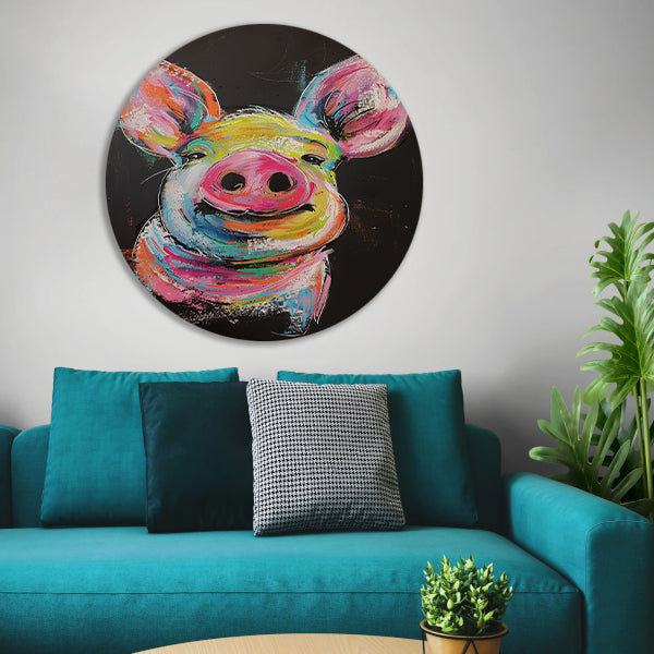 Kleurrijk portret van een vrolijk varken aluminium muurcirkel