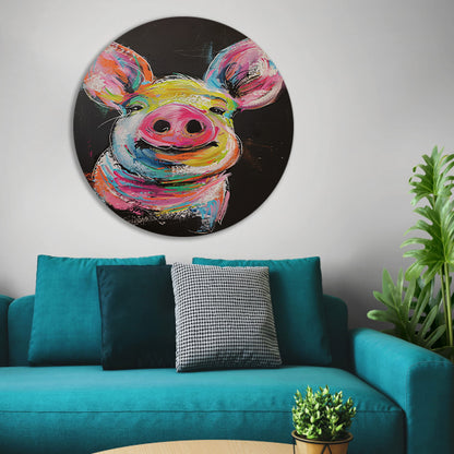 Kleurrijk portret van een vrolijk varken aluminium muurcirkel