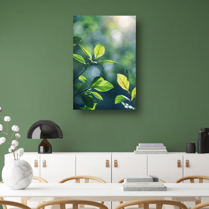 Zonnestralen door groene bladeren in het bos canvas