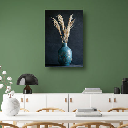 Blauwe vaas met roomkleurig pampasgras tegen donkere achtergrond canvas