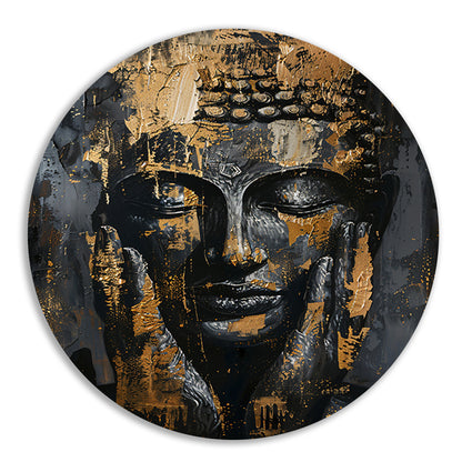 Moderne Interpretatie van een Gouden Boeddha aluminium muurcirkel
