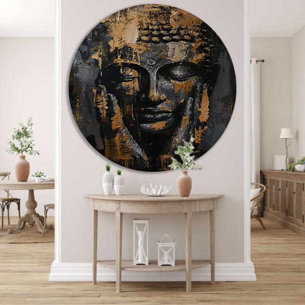 Moderne Interpretatie van een Gouden Boeddha aluminium muurcirkel