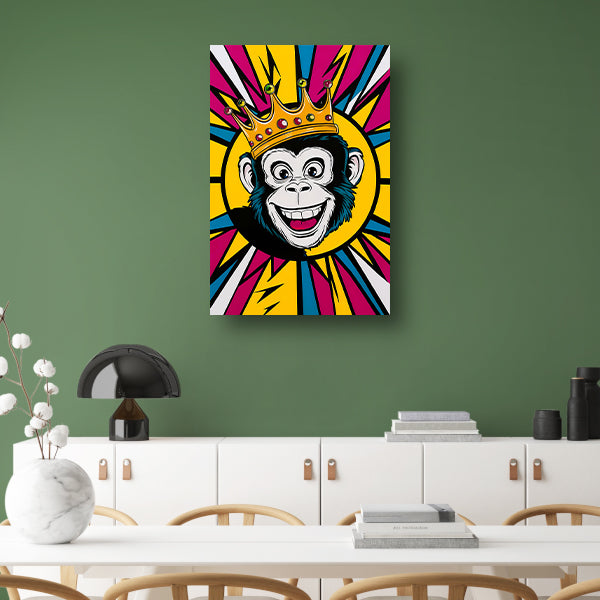 Vrolijke aap met kroon in popart stijl canvas met baklijst
