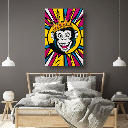Vrolijke aap met kroon in popart stijl canvas met baklijst