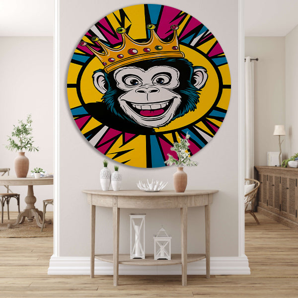 Vrolijke aap met kroon in popart stijl forex muurcirkel
