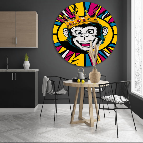 Vrolijke aap met kroon in popart stijl forex muurcirkel