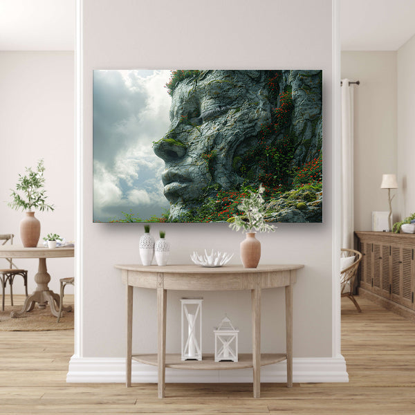 Een Steengezicht Begroeid met Wilde Bloemen canvas met baklijst