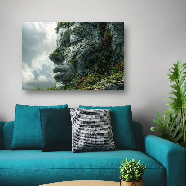 Een Steengezicht Begroeid met Wilde Bloemen canvas met baklijst