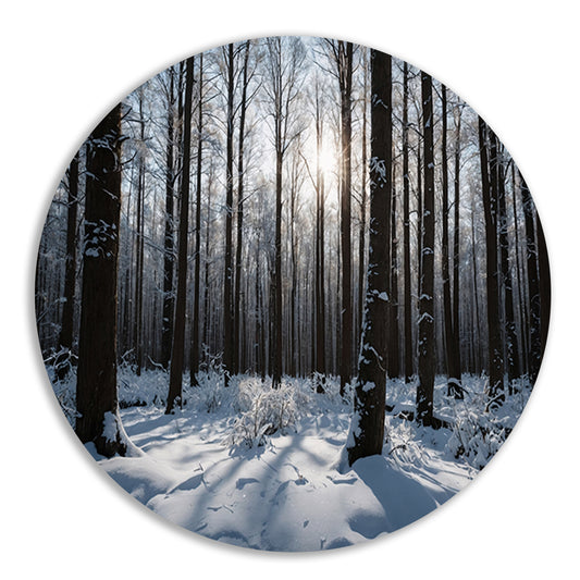 Serene winterbos met besneeuwde bomen aluminium muurcirkel