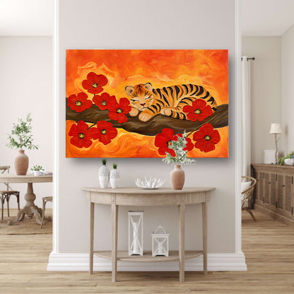 Slapende tijger omringd door rode bloemen canvas