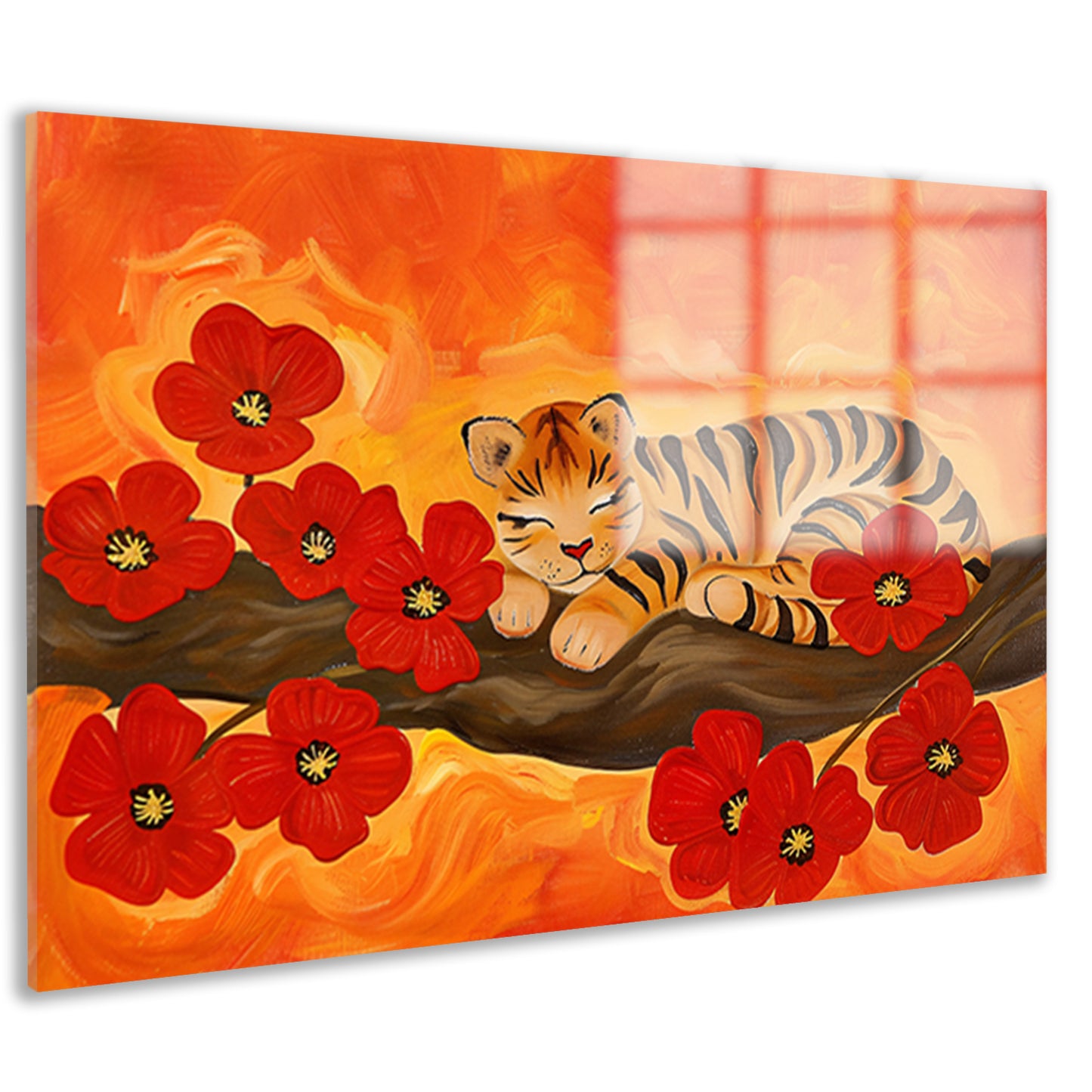 Slapende tijger omringd door rode bloemen acrylglas