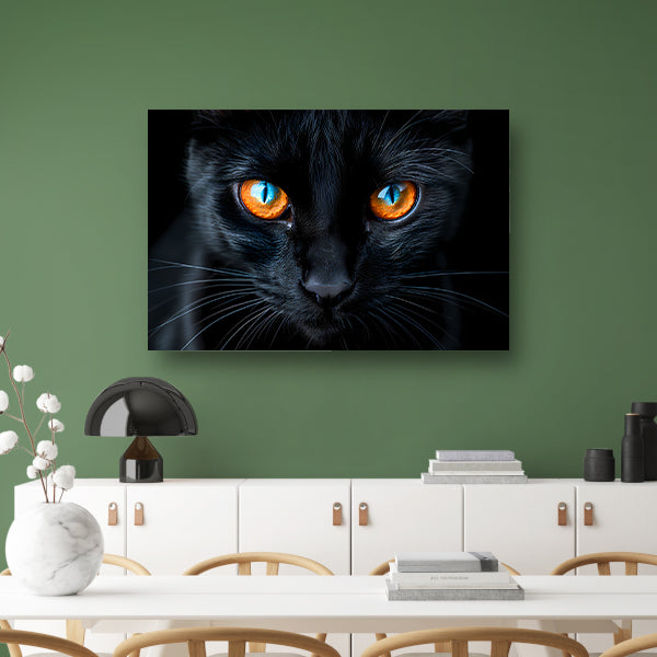 Zwarte kat met blauwe en oranje ogen canvas