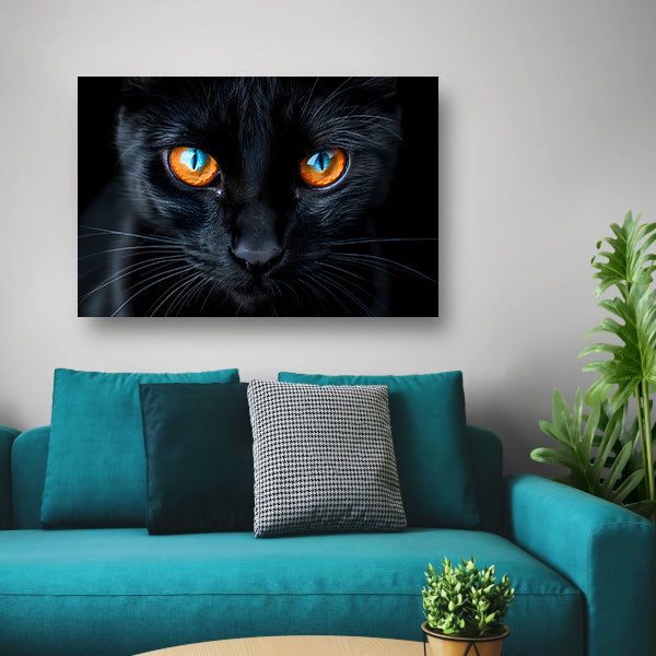 Zwarte kat met blauwe en oranje ogen canvas