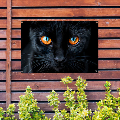 Zwarte kat met blauwe en oranje ogen tuinposter