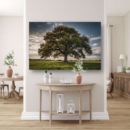 Een majestueuze boom in een groen veld canvas met baklijst