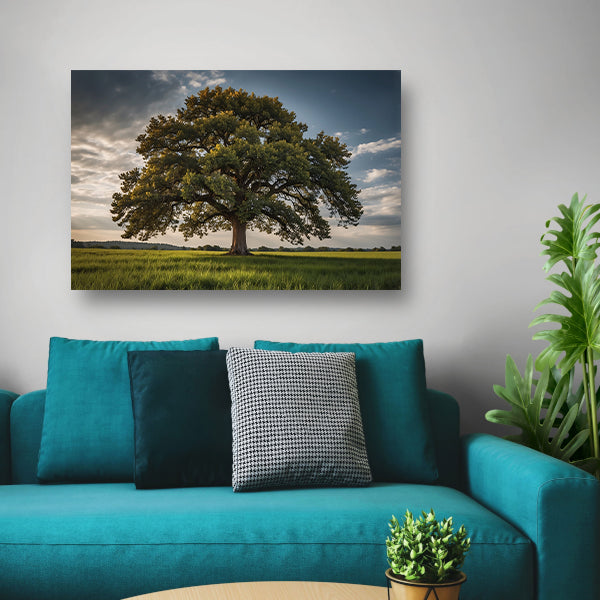 Een majestueuze boom in een groen veld canvas met baklijst