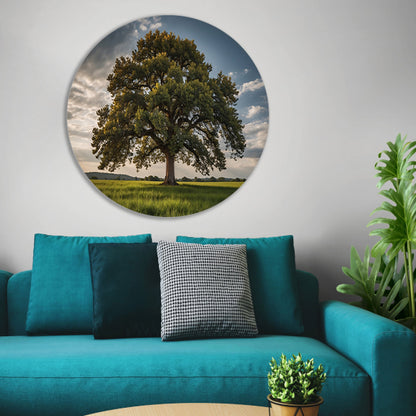 Een majestueuze boom in een groen veld aluminium muurcirkel