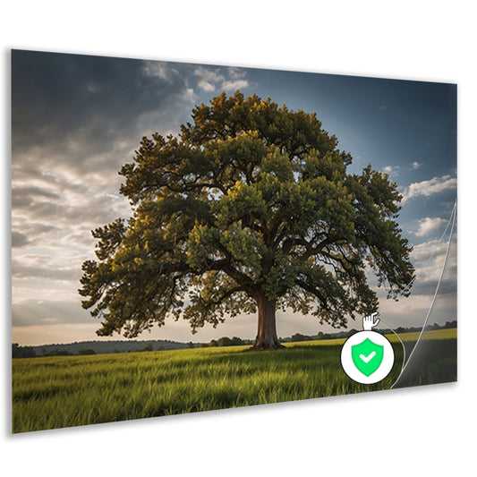 Een majestueuze boom in een groen veld poster