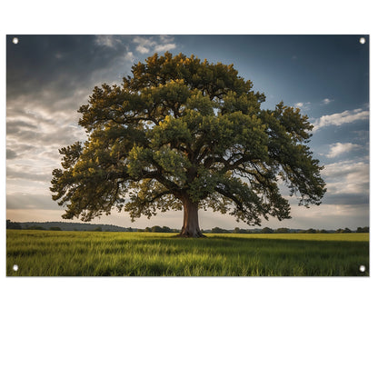 Een majestueuze boom in een groen veld tuinposter