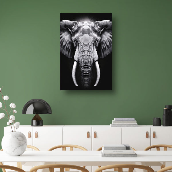 Olifant in monochroom zwart en wit canvas met baklijst