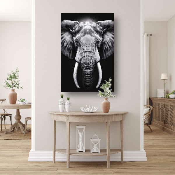 Olifant in monochroom zwart en wit canvas met baklijst