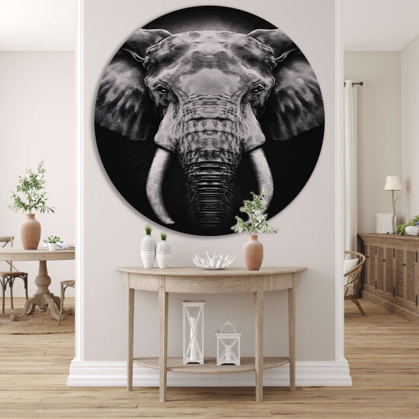 Olifant in monochroom zwart en wit aluminium muurcirkel