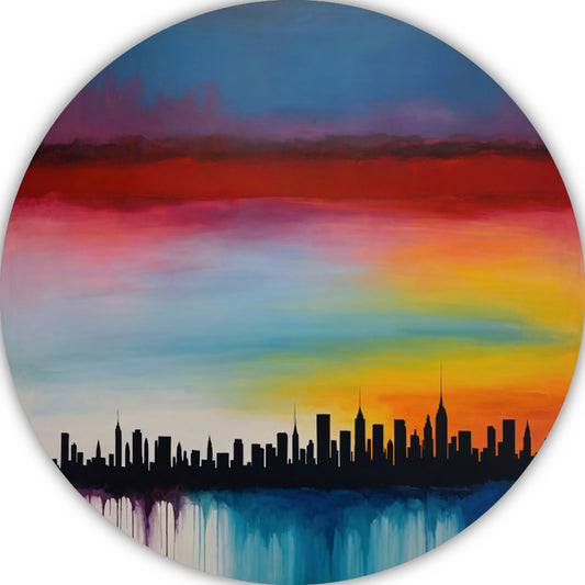 Levendige stedelijke zonsondergang in kleur aluminium muurcirkel