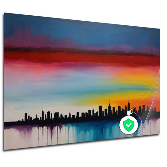 Levendige stedelijke zonsondergang in kleur poster