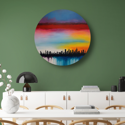 Levendige stedelijke zonsondergang in kleur aluminium muurcirkel