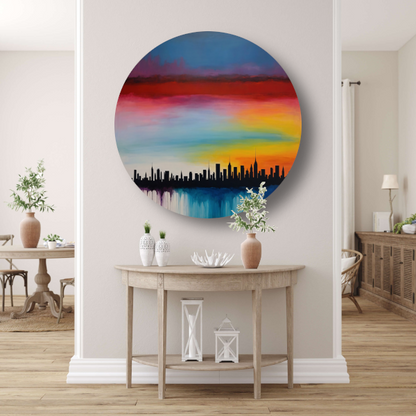 Levendige stedelijke zonsondergang in kleur aluminium muurcirkel
