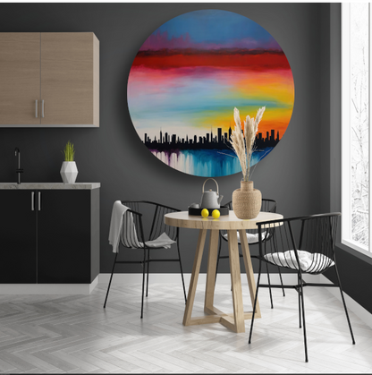 Levendige stedelijke zonsondergang in kleur aluminium muurcirkel