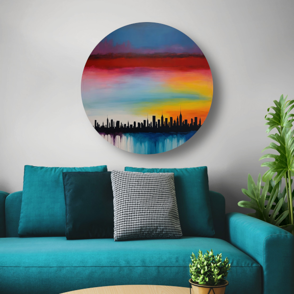 Levendige stedelijke zonsondergang in kleur aluminium muurcirkel
