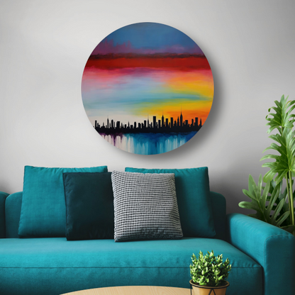 Levendige stedelijke zonsondergang in kleur aluminium muurcirkel