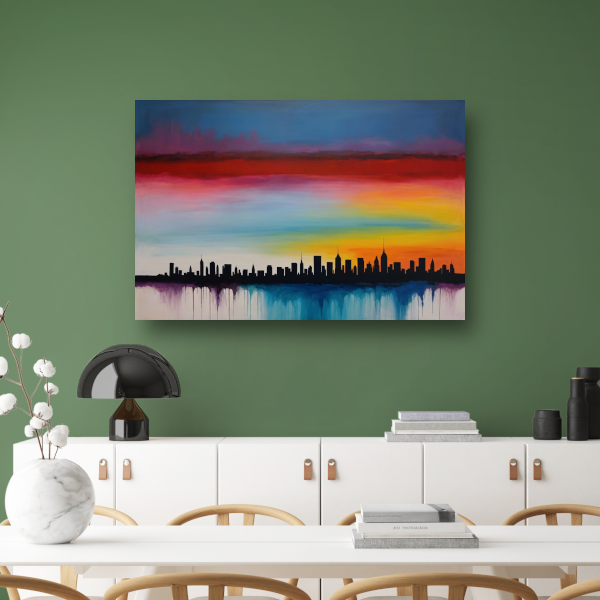 Levendige stedelijke zonsondergang in kleur poster