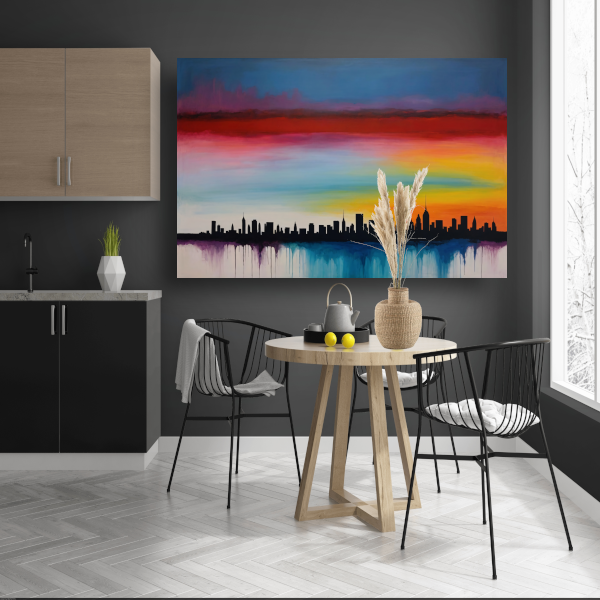 Levendige stedelijke zonsondergang in kleur poster