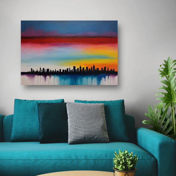 Levendige stedelijke zonsondergang in kleur poster