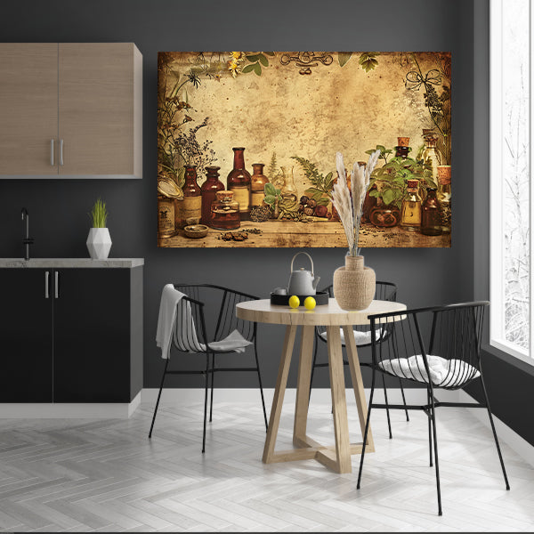 Antieke apotheek met glazen flessen en kruiden poster