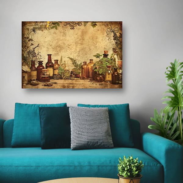 Antieke apotheek met glazen flessen en kruiden poster