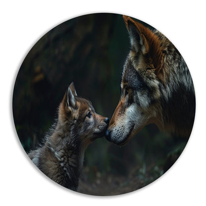 Wolf en welp in het bos aluminium muurcirkel