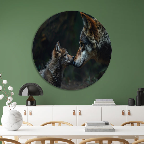 Wolf en welp in het bos aluminium muurcirkel