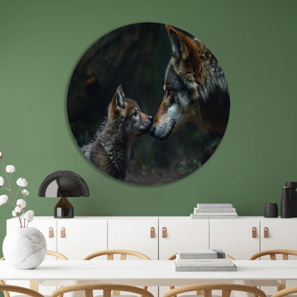 Wolf en welp in het bos aluminium muurcirkel