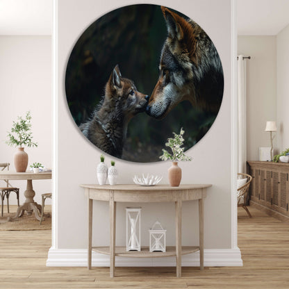 Wolf en welp in het bos aluminium muurcirkel